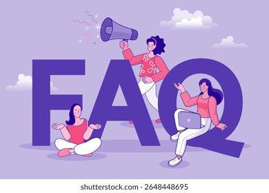 People standing and sitting near letters FAQ and using laptops, mobile phones. Frequently asked questions concept. Flat women and men with speech bubble. Vector illustration.
