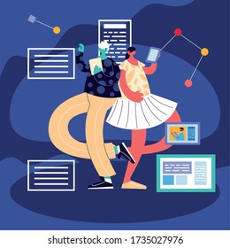 people standing with social media icons vector illustration design