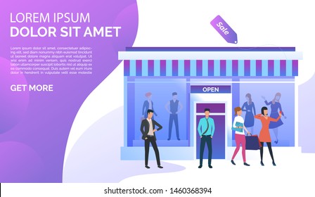 People standing and taking selfie photo near shop front. Fashion outlet, boutique concept. Poster or landing template. Vector illustration for topics like business, shopping, sale