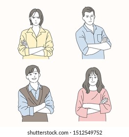 People are standing with their arms folded. hand drawn style vector design illustrations. 