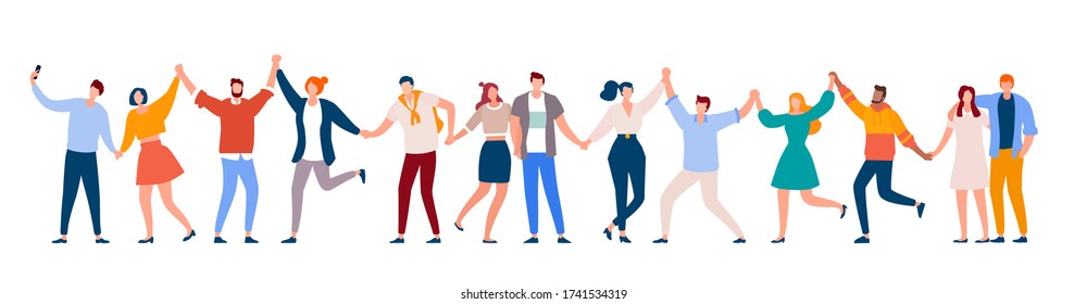 People standing together. Happy men and women holding hands. Smiling people standing in row together flat vector illustration. Cartoon character of smiling crowd on white background