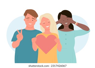 People standing together with heart, solidarity, love concept vector illustration