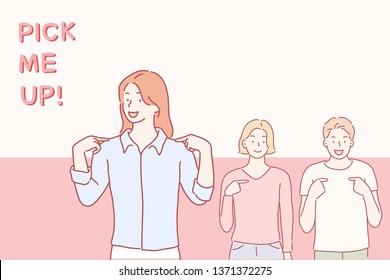 People standing together and pointing at themselves being selected. Hand drawn style vector design illustrations.
