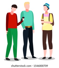 People standing together and talking. Guy in hat with backpack and coffee in hands. Man in red shirt using smartphone. Men meeting, gathering for communication. Vector illustration in flat style