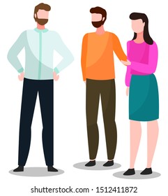 People standing together and talking, illustration of group conversation. Friends meeting, gathering for communication. Vector men with beard, hipsters and woman discussing about important themes