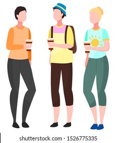 People standing together and talking, illustration. Guy in hat with backpack vector, woman in shirt with sun. Friends meeting, gathering for communication. Women and man drinking coffee, flat style