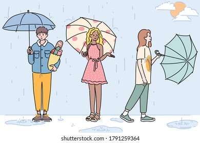 People are standing and umbrellas rainy day  The rain is getting clearer  hand drawn style vector design illustrations  