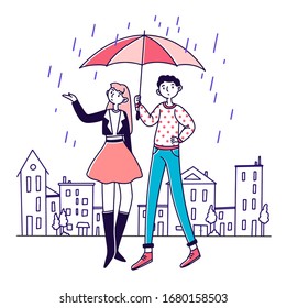 People standing under umbrella on rainy day vector illustration. Man and woman on street hiding from rain. Young people outdoor walking in rain