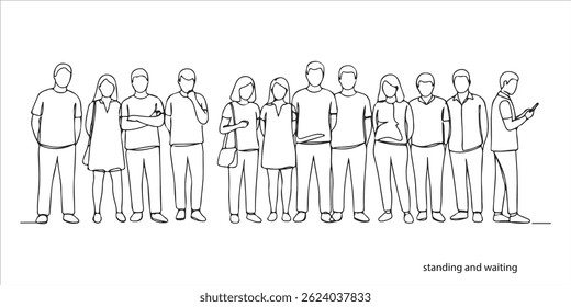 people standing and waiting continuous single line art drawing sketch on white background