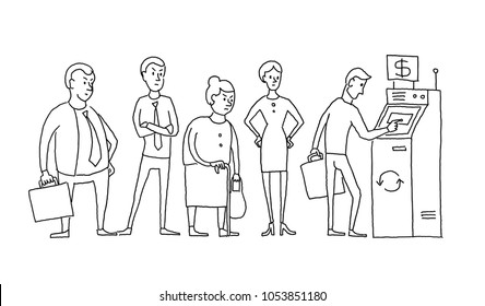 People standing and waiting in line queue ATM cash dispenser. Humans are queued. Hand drawn black line vector stock illustration.