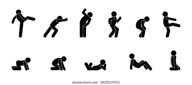 people standing, walking, lying, strange human poses, stick figure man icon