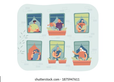 People standing at windows in their apartment, watering home plants, talking on cell, enjoying leisure. External view of building facade. For neighbors, neighborhood, city life concept