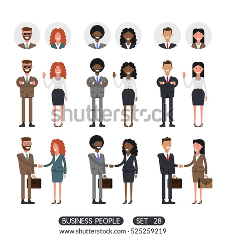 People standing. People at work with handshaking on white background. Business people set 28. Avatars