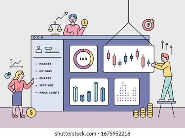 People are standing and working around huge web pages. flat design style minimal vector illustration.