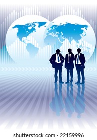 People are standing, world map and graph in the background, conceptual business illustration. The base map is from Central Intelligence Agency Web site.