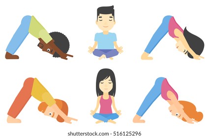 People standing in yoga downward facing dog pose. Woman meditating in yoga lotus pose. Man doing yoga. Woman practicing yoga. Set of vector flat design illustrations isolated on white background.