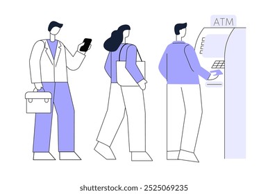 As pessoas ficam ao lado de um caixa eletrônico. Espera e espera em espera