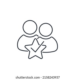 People and a star with a checkmark. Advanced capabilities. Vector linear icon isolated on white background