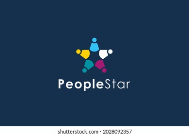People and Star Logo. Colorful Five Star with Human Symbol Combination isolated on Blue Background. Flat Vector Logo Design Template Element for Business and Teamwork Logos.
