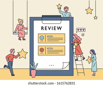 People are staring on a huge review board. flat design style minimal vector illustration.