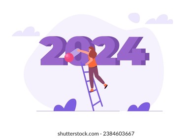 La gente empieza el concepto de 2024 años. Ilustraciones vectoriales para banner, sitio web, página de inicio, volante.