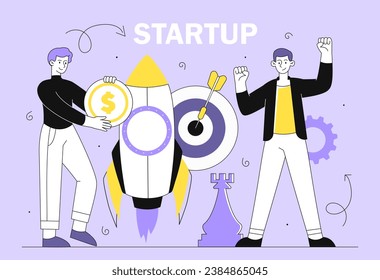 People with start up line concept. Two men with business project and start up. Young guys launch rocket. Entrepreneurs and businessmen with idea and insight. Linear flat vector illustration