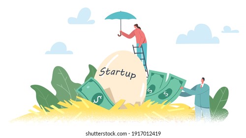 People And Start Up Project. Tiny Businesswoman Character Stand On Ladder Protecting Huge Startup Egg In Nest With Umbrella. Businessman Take Dollar Bills From Birds Jack. Cartoon Vector Illustration