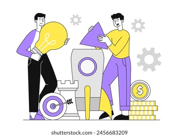 People with start up simple. Men with light bulb, chess pieces and golden coins. Businessman and investor. Guys with business project. Doodle flat vector illustration isolated on white background