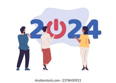 People start year. Employee teamwork starting new 2024 year, startup banner success strategy office team employer resolution yearly plan on future goals vector illustration of 2024 opportunities