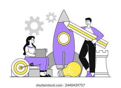 People starting business project linear. Man and woman near rocket. Entrepreneurs with start up idea. Collaboration and cooperation. Businessman and investor. Doodle flat vector illustration