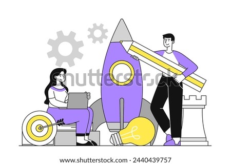 People starting business project linear. Man and woman near rocket. Entrepreneurs with start up idea. Collaboration and cooperation. Businessman and investor. Doodle flat vector illustration