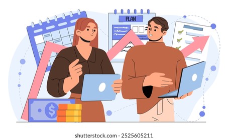 Personas con startup. Hombre y mujer con portátiles. Colaboración y cooperación, lluvia de ideas. Socios comerciales y compañeros de trabajo. Trabajadores creativos en el trabajo. Ilustración vectorial plana