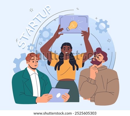 People with startup. Men with laptops and woman with light bulb in office. Collaboration and cooperation, brainstorming. Creative workers at worklace. Flat vector illustration