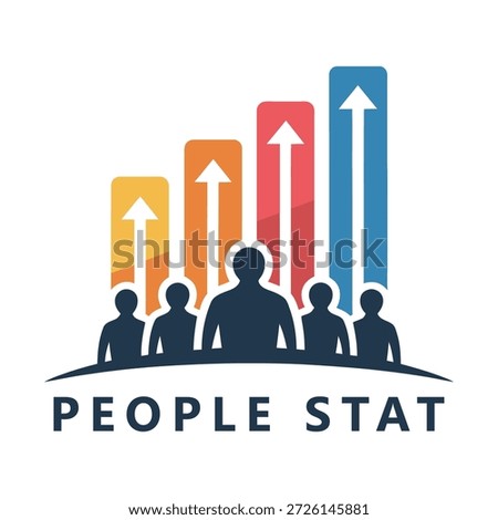 People stat graph with arrows and silhouettes on white background icon