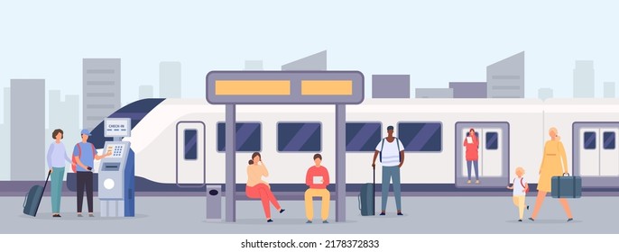 People at station. Female and male characters with luggage waiting for transport at railway station. People traveling by speed vehicle, crowd standing on modern platform vector illustration