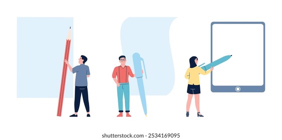 People with stationery at empty pages. Men woman holding pencil and pen, fill out paper and electronic forms. Isolated office characters, vector set