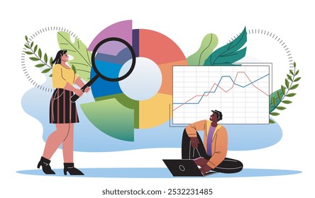 People with statistic analysis. Man with laptop and woman with magnifying glass evaluate graphs and diagrams. Analysts with infographics and statistics. Flat vector illustration