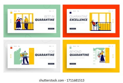 People Stay Home during Coronavirus Pandemic Landing Page Template Set. Characters on Balconies Isolation Quarantine. Neighbors Spend Time in Apartments, Hobby and Relax. Linear Vector Illustration