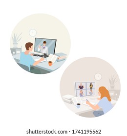 People stay at home. Men and women working, communicate with friends, colleagues, doctor during quarantine. Work, leisure and hobby on isolation. Vector illustration in flat cartoon style.