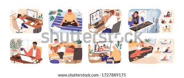 People stay at home. Men and women working, doing\
exercises and yoga, relax, communicate with family during\
quarantine. Work, leisure and hobby on isolation. Vector\
illustration in flat cartoon\
style.