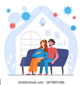 People stay at home to protect health from coronavirus vector illustration. Cartoon couple character sitting at sofa, happy pregnant woman with man staying at home during covid19 pandemic quarantine