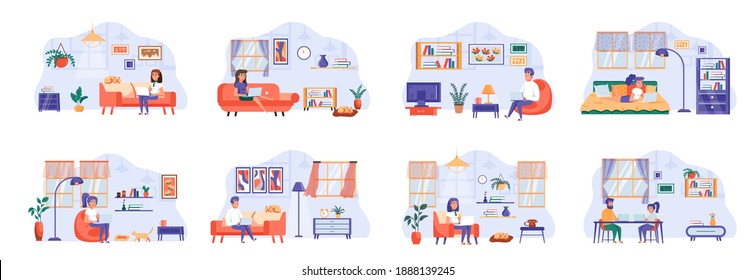 People stay at home scenes bundle with people characters. Men and women working at home remotely during a pandemic, communicate with family during quarantine. Collection flat vector illustration.