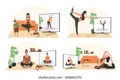 People stay at home. Set of cartoon smiling people. Women and child doing exercises and yoga with teacher, tutor, personal treiner on-line, learn how to do exercises, relax, during quarantine.