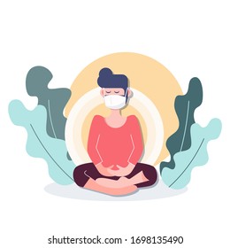 People stay at home wearing mask meditation in shelter place during covid-19 coronavirus outbreak. flat character design abstract people. health care and medical vector.