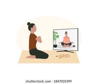 People stay at home. Women doing exercises and yoga with teacher, tutor, personal treiner on-line, learn how to do exercises, relax, during quarantine. Sport, leisure and hobby on isolation. 