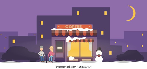 People stay near coffee shop. Winter flat illustration for valentine's day or coffee shop events