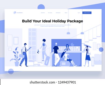 People stay at the reception and book a hotel while interacting with devices. Holiday and vacation. Flat vector illustration. Landing page template. 