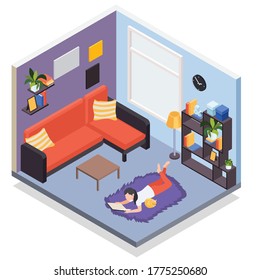 People staying home distant work hobbies leisure isometric composition with girl reading on floor rug vector illustration  