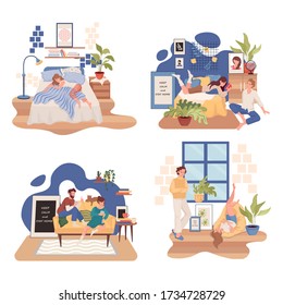 People staying at home during global outbreak of Coronavirus Covid-19 vector flat illustration. Men and women in comfortable clothes sleeping, reading books, playing and talking during self isolation.