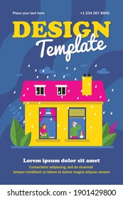 People staying home during rainy weather. View through window, exterior, depression flat vector illustration. Autumn, fall, weather sensitivity concept for banner, website design or landing web page
